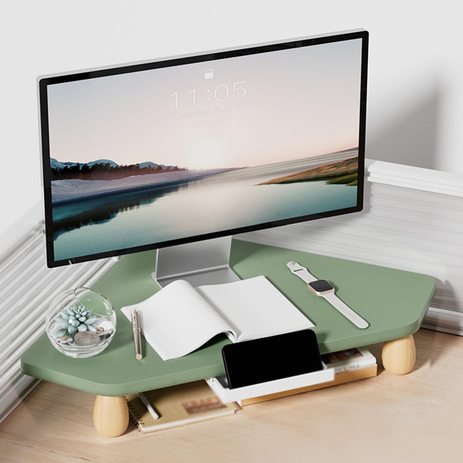 Support de moniteur triangulaire de bureau ergonomique, réhausseur d'écran avec mini tiroir