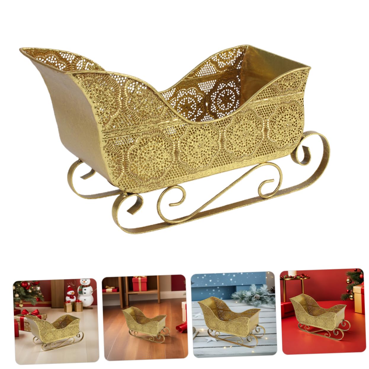 Weihnachtliche Metall Schlittendekoration in Gold Kleiner Stabiler Tischschlitten als Snackhalter für Regal und Festliche Winter Dekoration