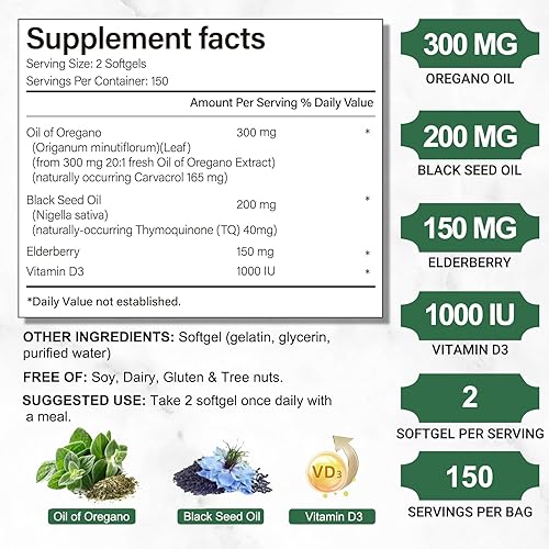 Miniatura 4 de Aceite de orégano, 300 cápsulas blandas, aceite de orégano 4 en 1 con aceite de semilla negra, vitamina D3 y saúco, cápsulas de aceite de orégano