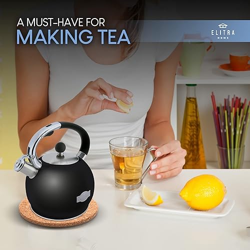 Miniatura 6 de Stove Top Whistling Fancy - Tetera de acero inoxidable con mango ergonómico, 2.7 cuartos de galón  2.6 litros, color negro