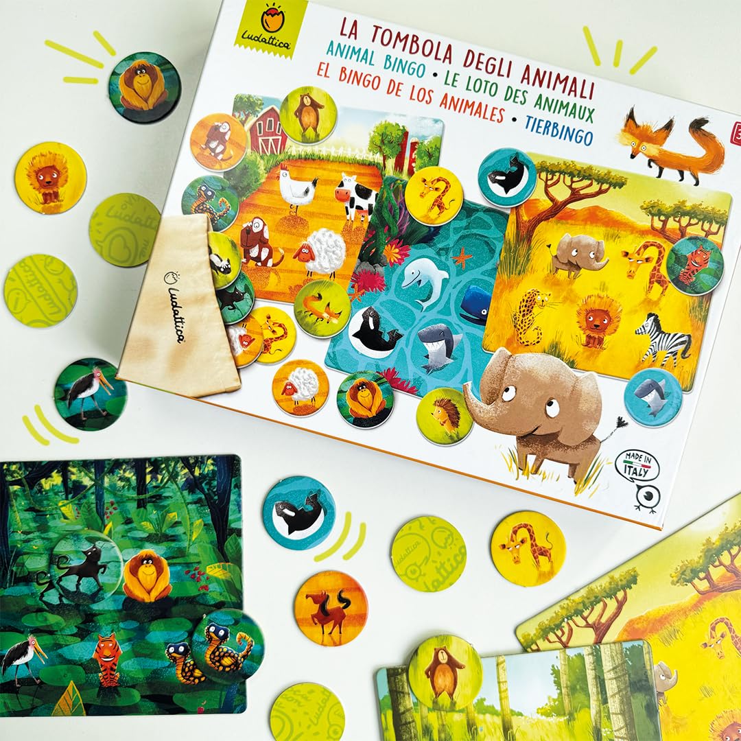 Ludattica Tombola degli animali Tombola per bambini | Bingo con sacchetto in stoffa e cartelle ambienti | Gioco educativo per bambini 3-6 anni | Memo game | Made in Italy