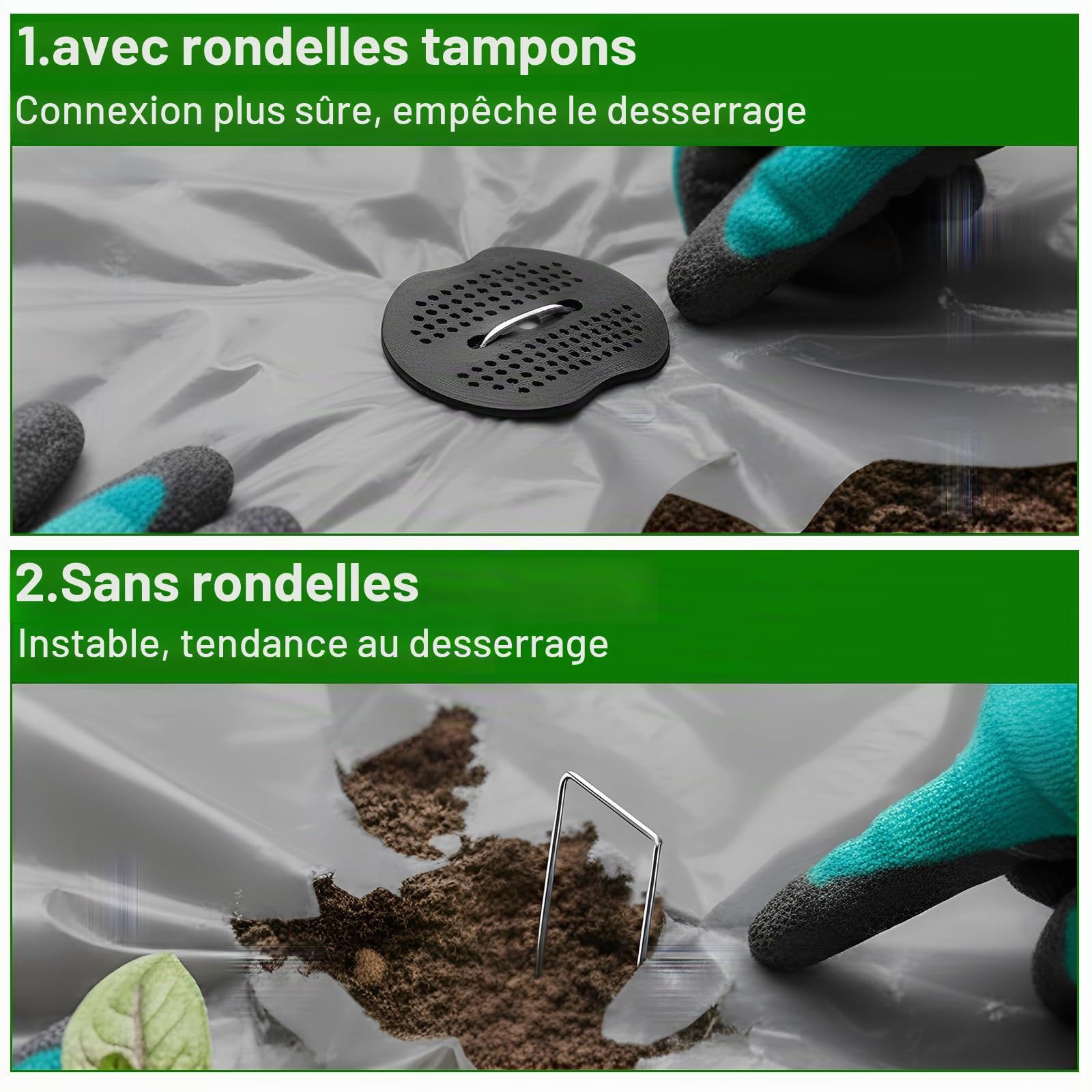 Lot de 100 piquets d'ancrage Stables en Forme de U,100 disques tampons, Toile Anti-Mauvaises Herbes pour Jardin, Bordures de pelouse, parterres de légumes et Fixation de tuyaux