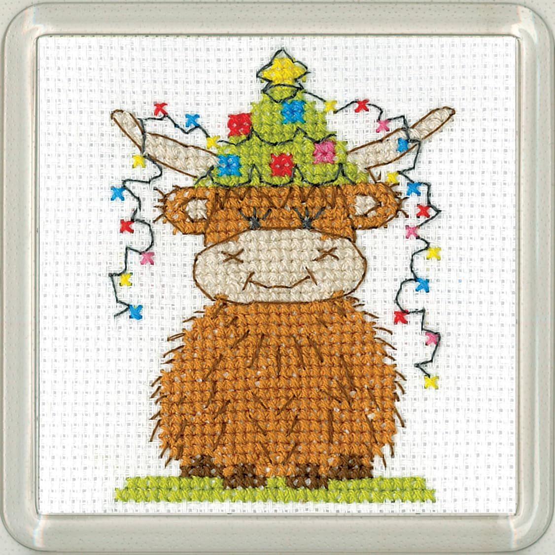 Heritage Crafts N/A Christmas Coaster Cross Stitch Kit - Highlad Cow Christmas Lights Coaster - Kirste Roche Desigs