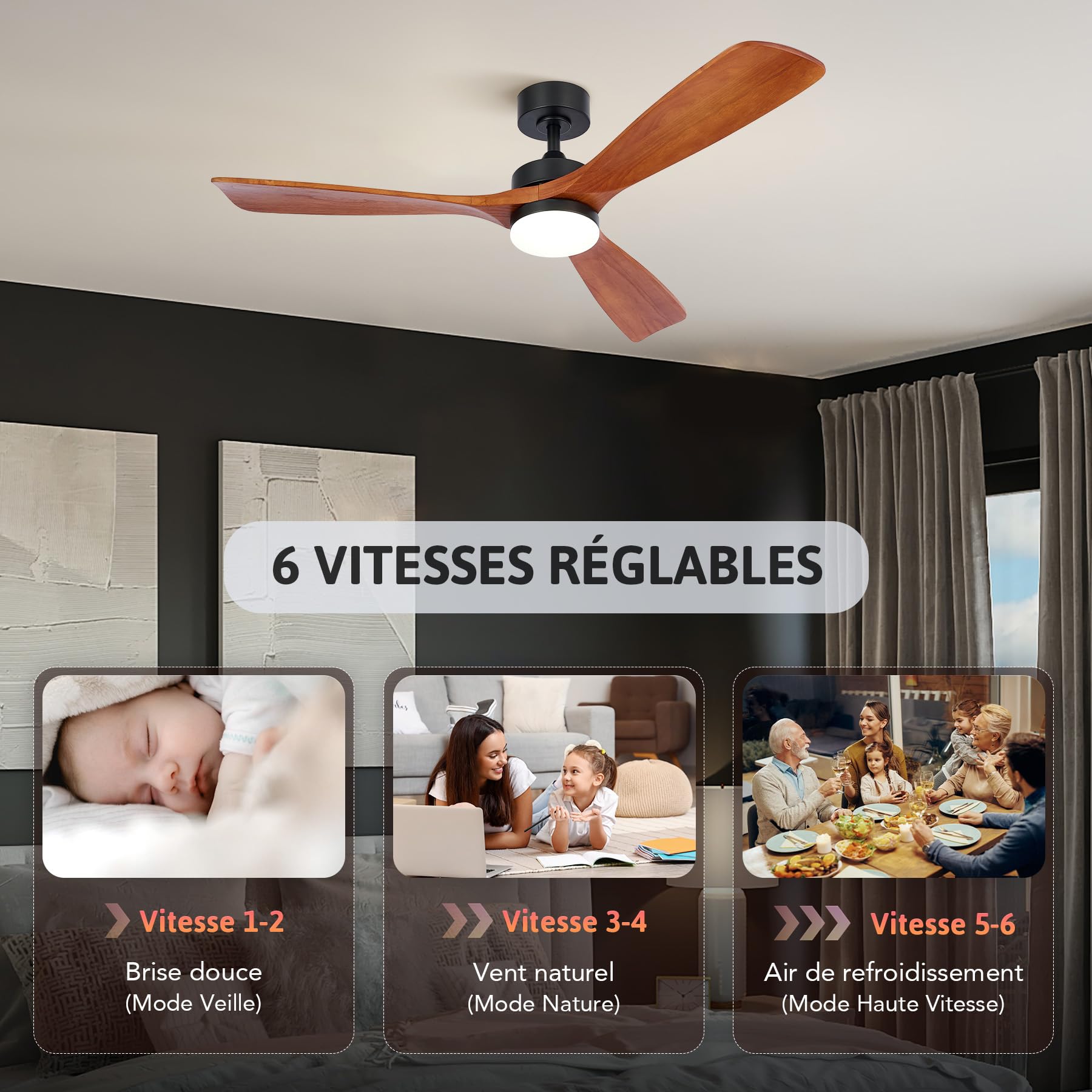 VONLUCE Ventilateur de Plafond avec Lumière Ø132CM 52 Pouces Bois Télécommande 3 Lames Moteur DC Réversible Mode Été-Hiver Silencieux 6 Vitesses 30W Noyer