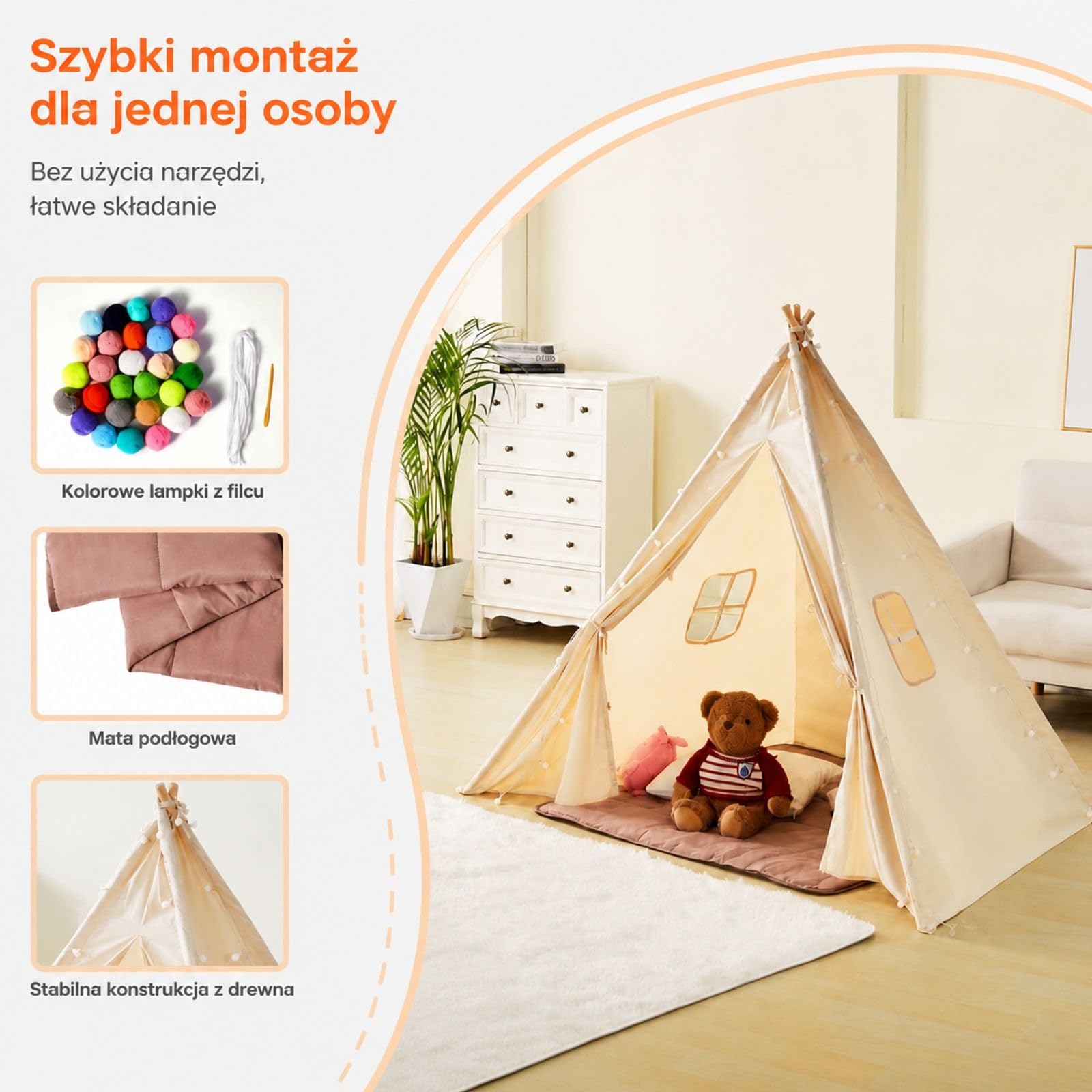 Beżowy namiot tipi do zabawy z matą, pluszowymi piłkami, tkaniną brzoskwiniową, drewnianymi drążkami, stożkowy kształt, 1 drzwi, 2 okna, do wnętrz i na zewnątrz