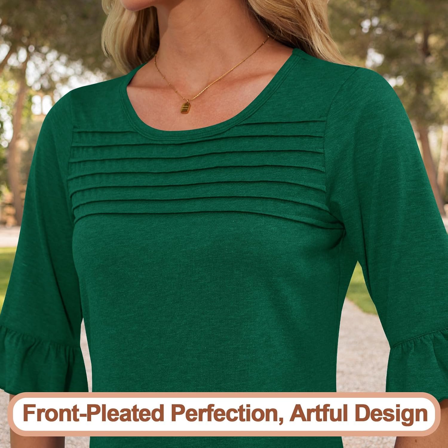 Blingfit Womens Tops 3/4 Length Sleeve Dressy Casual Shirts Bell Sleeve Front Pleated Fasion Trendy Summer Blouses 2026 - Image 4