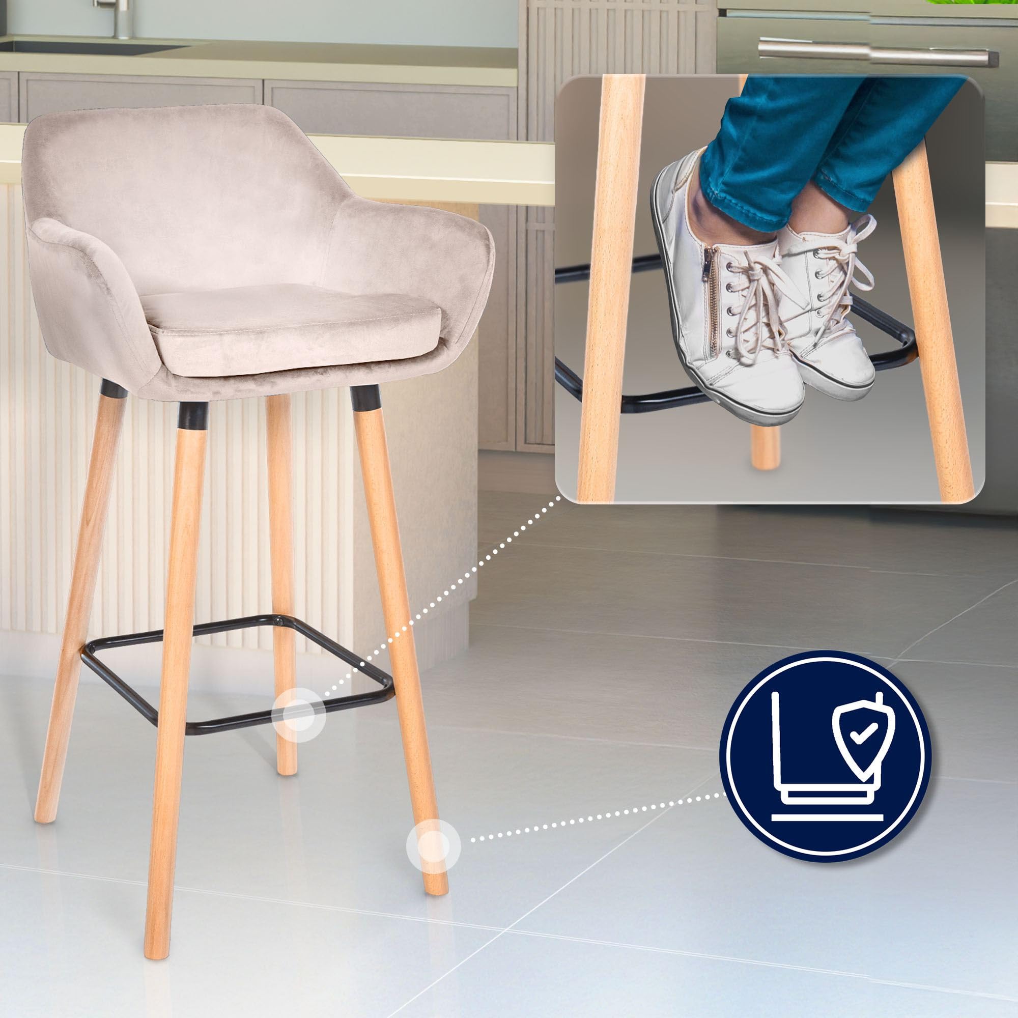 CLP Set de 2 taburetes Acolchados con Respaldo Grant, Taburete de Bar con Cubierta de Terciopelo, Estructura de Madera hasta 150 kg de Carga Color Crema