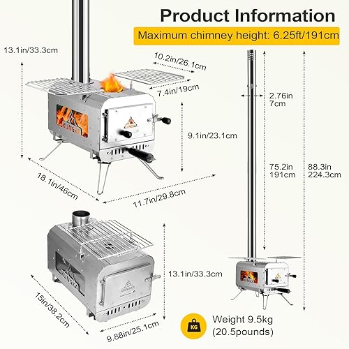 Miniatura 6 de Estufa de tienda de campaña, estufa de leña portátil de 7.3 pies de altura, pequeña estufa de tienda caliente de acero inoxidable con 6 tubos de