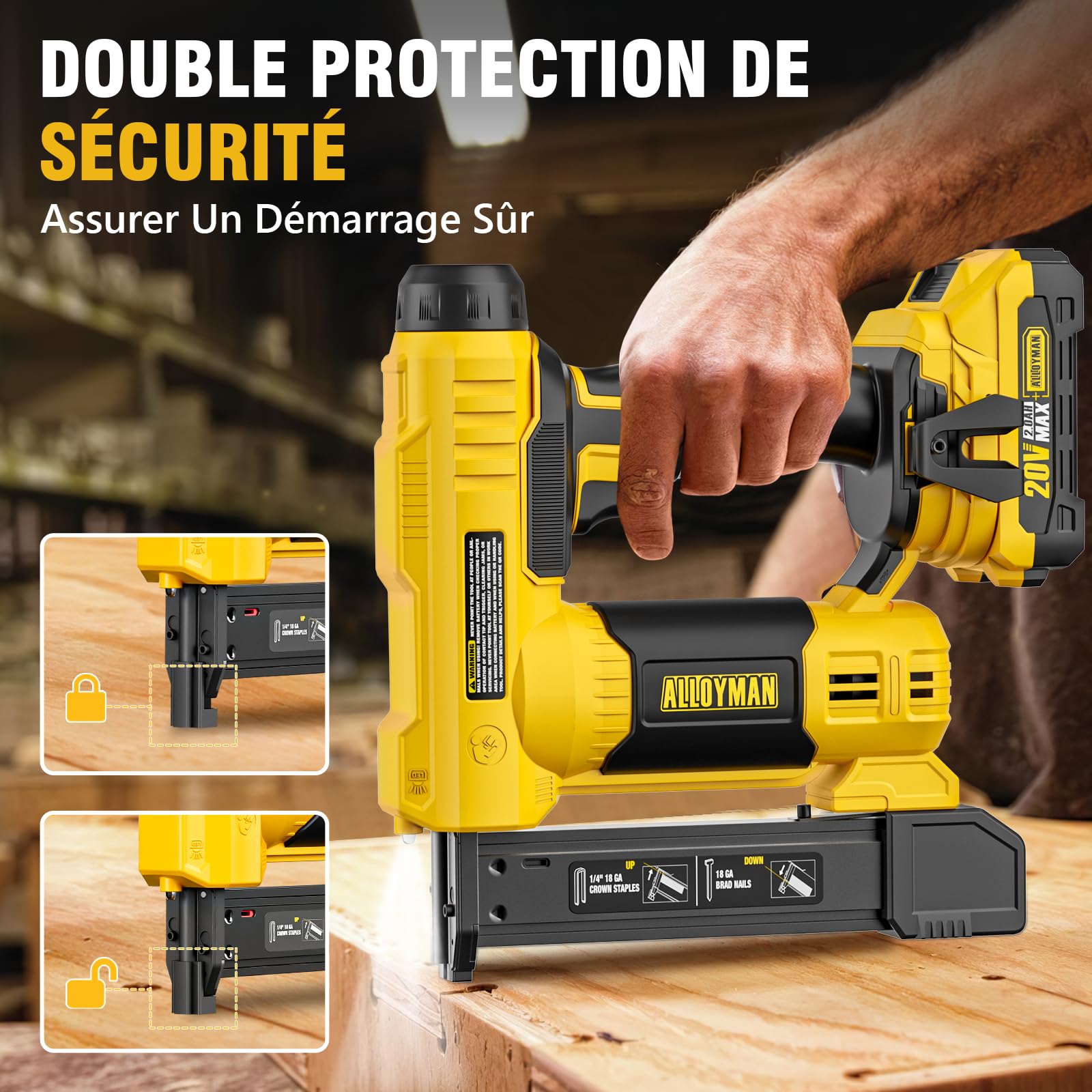 Alloyman MAX Cloueuse Agrafeuse Electrique Sans Fil 20V, Cloueur Électrique 2 en 1 18GA, avec 1000 clous et 500 Agrafes Inclus, pour Bricolage et Menuiserie