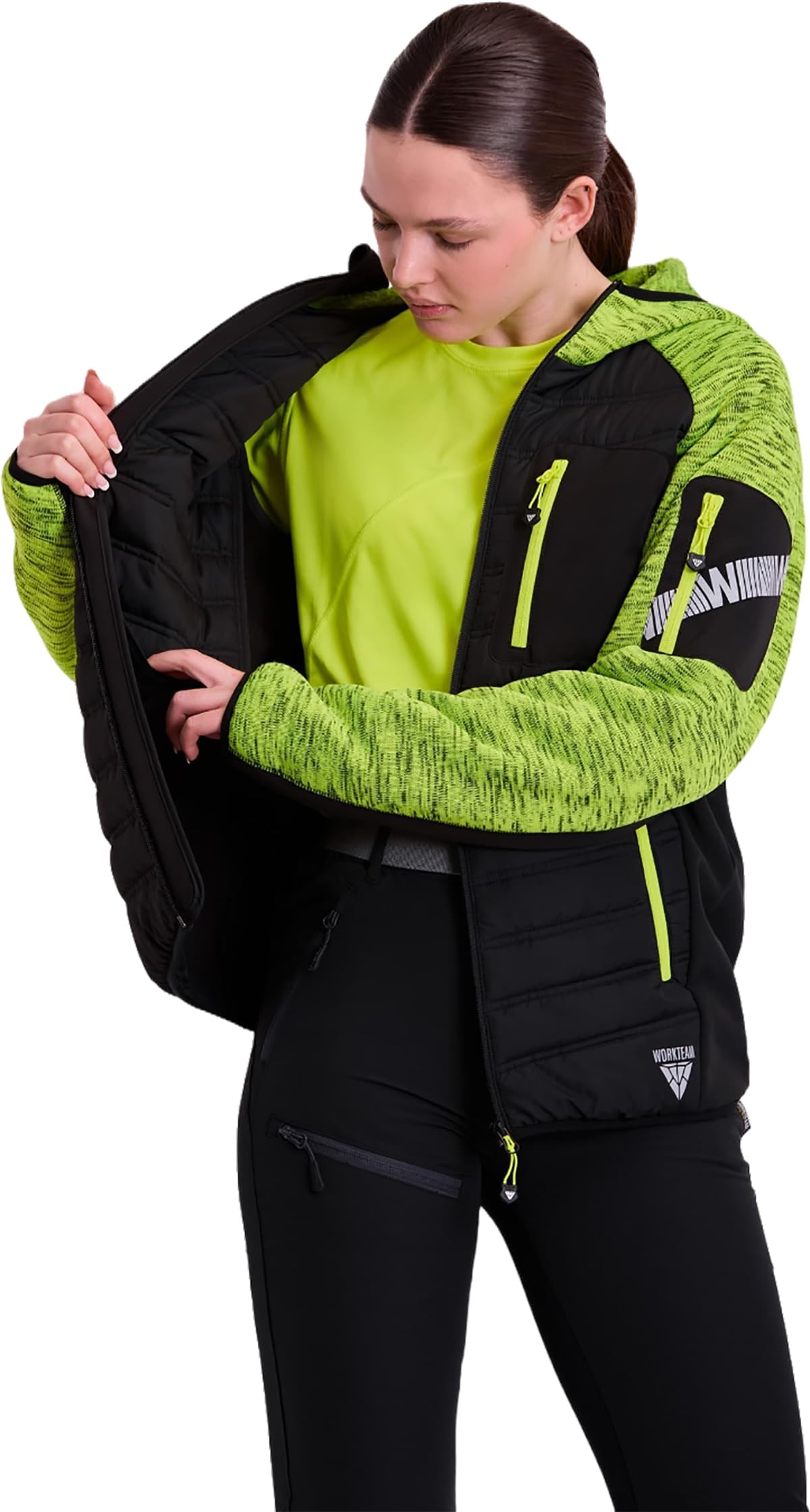 WORKTEAM Chaqueta de Punto Acolchada con Capucha, Combinada con Tejido Softshell, Cierre de Cremallera, Bolsillos con Cremallera, Cuello Alto y Bies Elástico, Unisex
