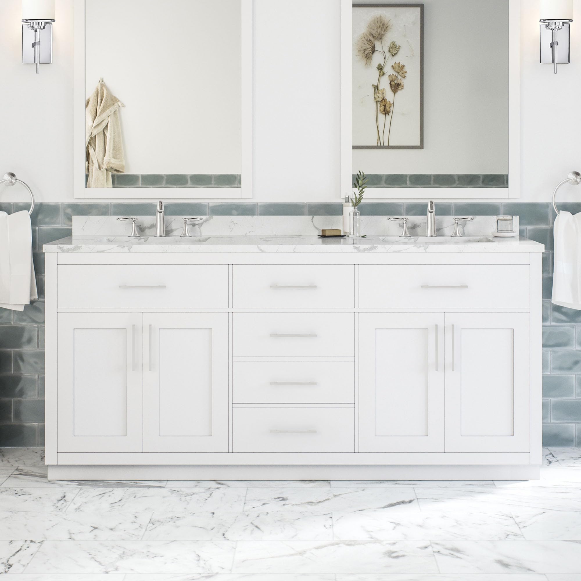 OVE Decors Athea 72" Double Undermount Sink Bathroom Vanity with Cultured Marble Countertop, Backsplash, Power Bar, in White Finish