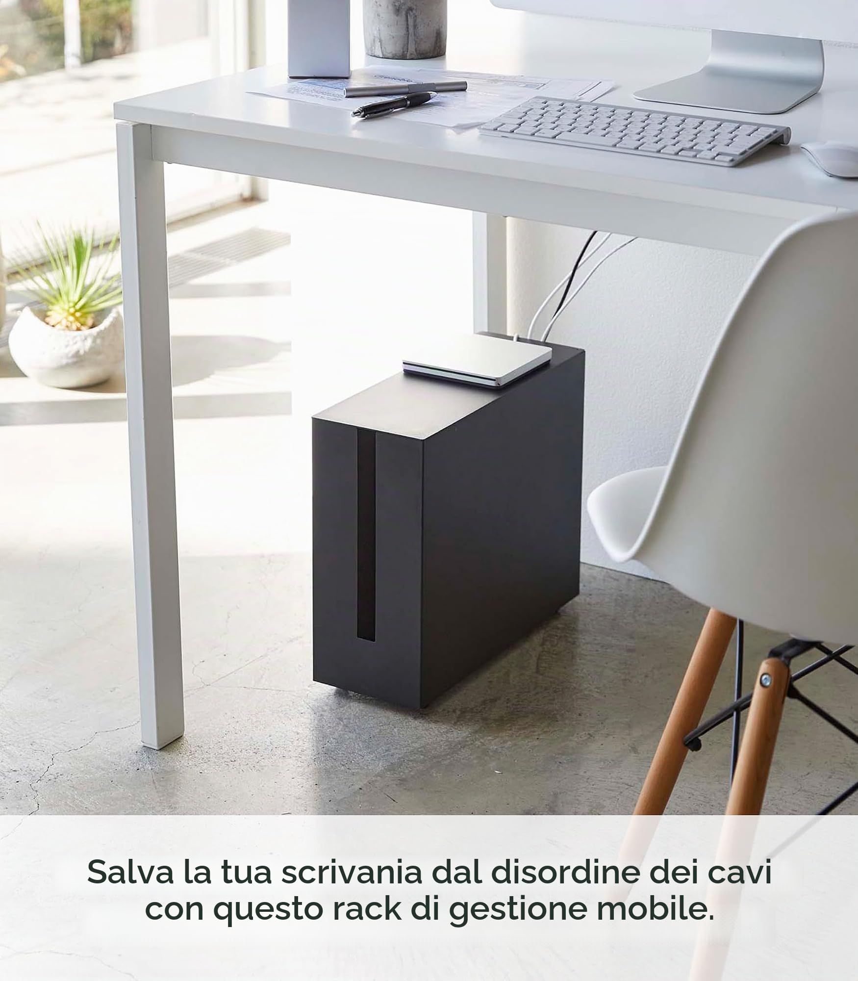 Yamazaki 5404 TOWER Scatola per cavi con rotelle, nero, acciaio, design minimalista, 15 x 40 x 34,5 cm (LxPxA)
