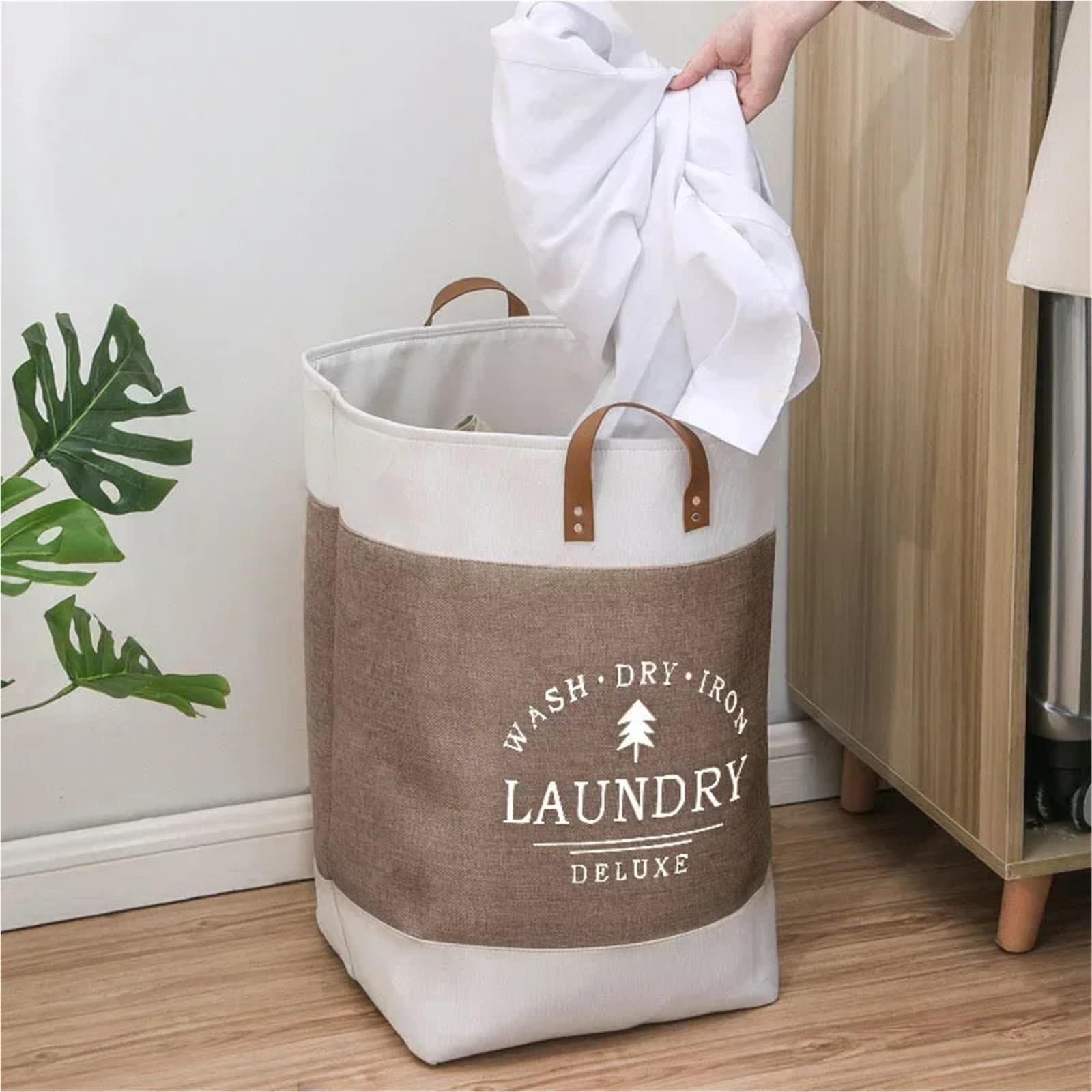 WäSchekorb Wäsche-Aufbewahrungskorb, tragbar, aus Segeltuch, Kleidung, Aufbewahrungstasche, zusammenklappbar, for schmutzige Kleidung, große Einkaufshandtasche, Heim-Organizer FüR Wohnheim(Beige)