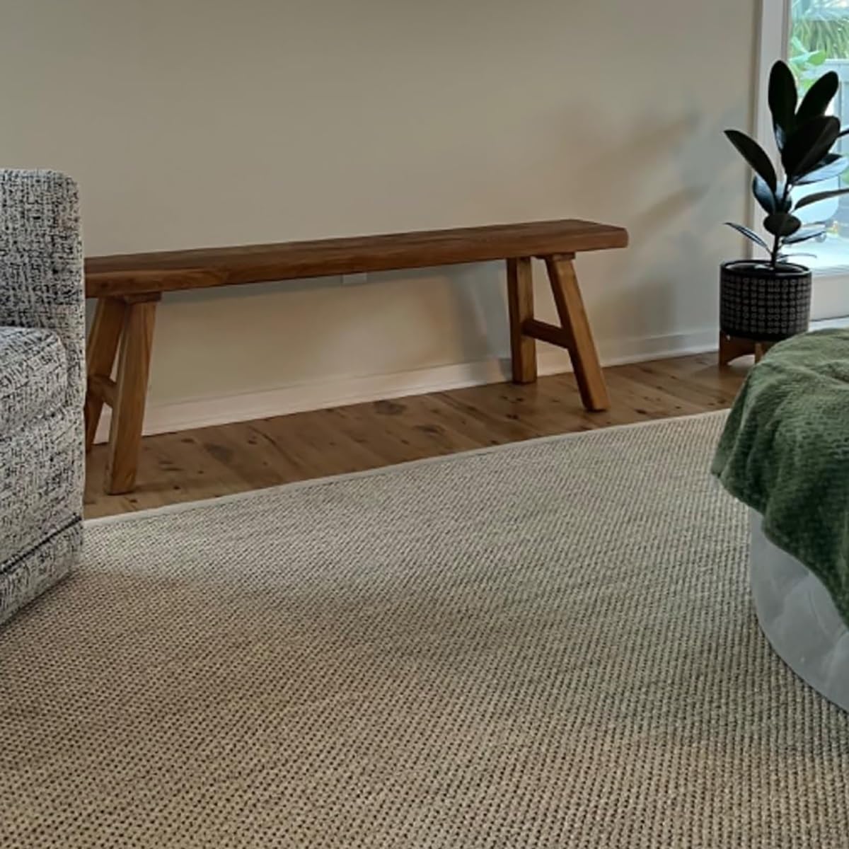 Banco de comedor de madera para interiores de granja, banco de entrada de cocina de madera asiática natural con diseño sin brazos y altura corta (19.6 x 10.2 x 17.7 pulgadas), madera maciza para