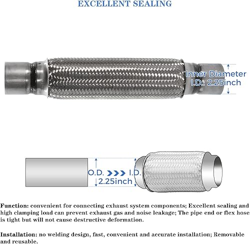 Miniatura 5 de RP Remarkable Power, RK7543 Tubo flexible de escape de 2.25 x 12 pulgadas, acero inoxidable resistente, 16 pulgadas, OL, paquete de 2