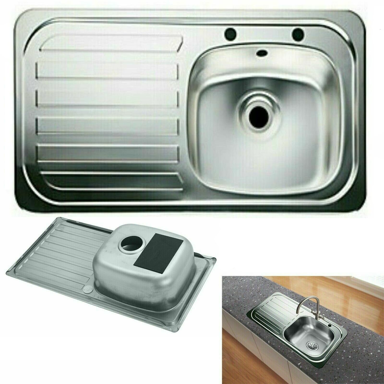 Ara Choice Silver Stainless Steel Reversible 1.0 Single Bowl Kitchen Sink Left Hand Drainer Waste Plumbing Kit With Drainer & Inset Wastes Set