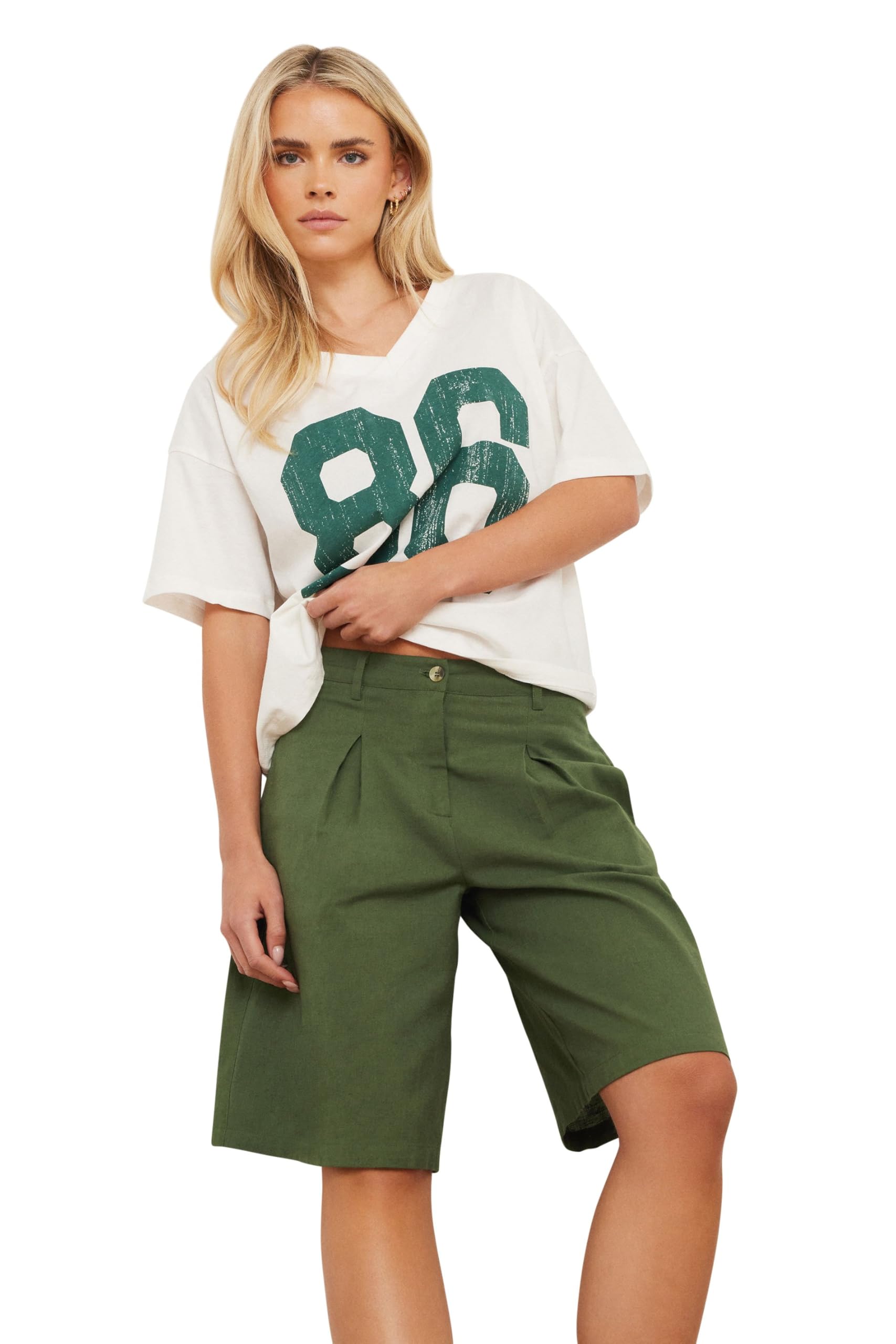 Pixiegirl Women's Light Khaki Petite Linen Bermuda Shorts In Size 10