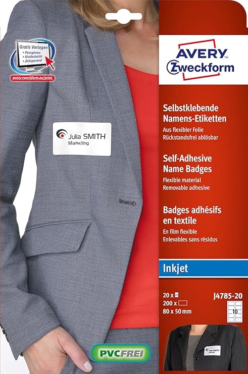 Avery Zweckform J4785-20 Zelfklevende Naambadge Etiketten Voor Inkjetprinters 50 X 80 Mm Wit 200 Naambadges Av J4785 20 I42482 T7682429