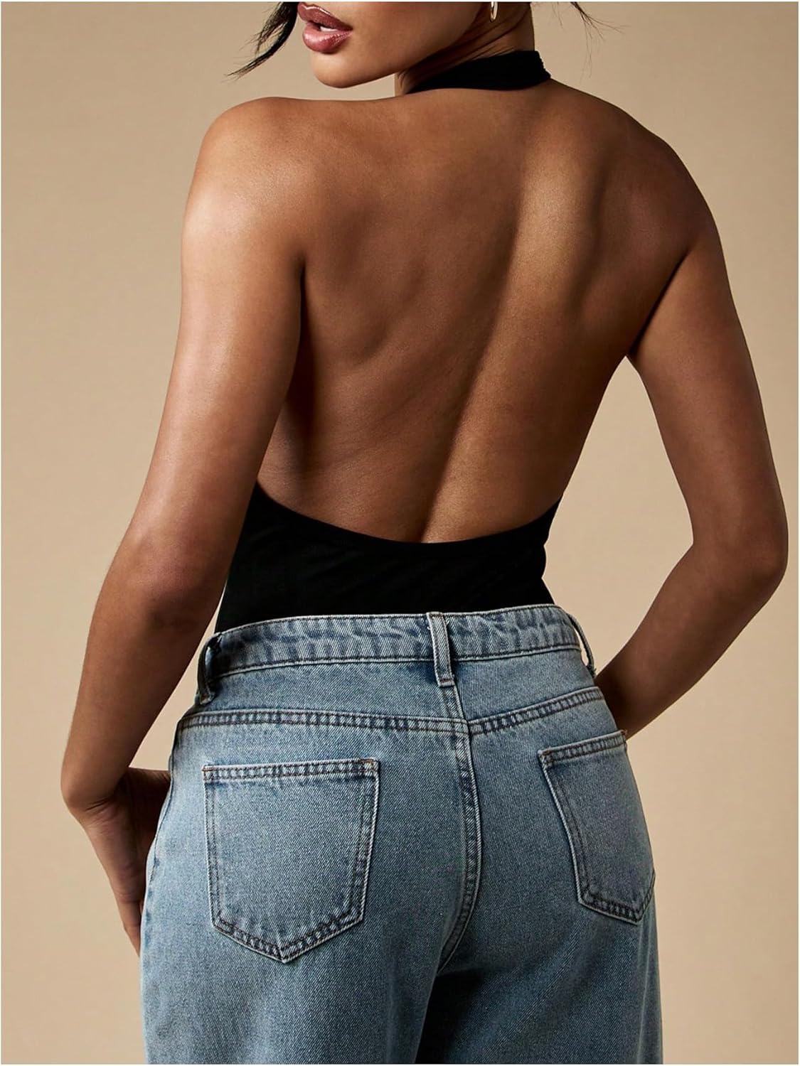 Milumia Women's Deep V Neck Halter Bodysuit Sleeveless Open Back Going Out Party Leotard - Image 3