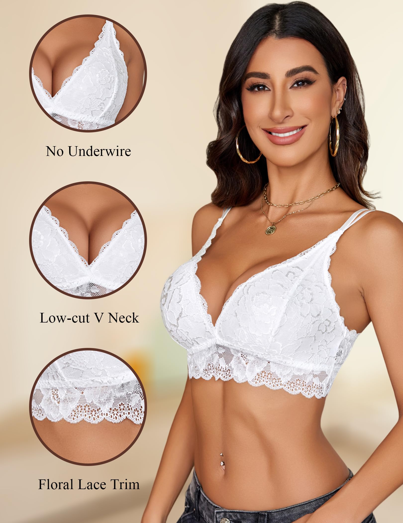 Avidlove Bras for Women Floral Lace Bralettes Deep V Sexy Bras Cross Back Longline Bralette No Padded: White Large