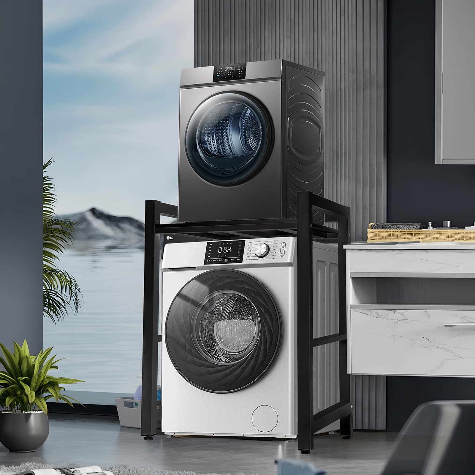 JXZ Meuble Machine à Laver et Seche Linge, Support Seche Linge Sur Lave Linge, 3 Hauteurs Réglables, Capacité Charge 300kg pour Buanderie Salon Salle De Bain Cuisine Balcon(Noir, Tableau Noir)