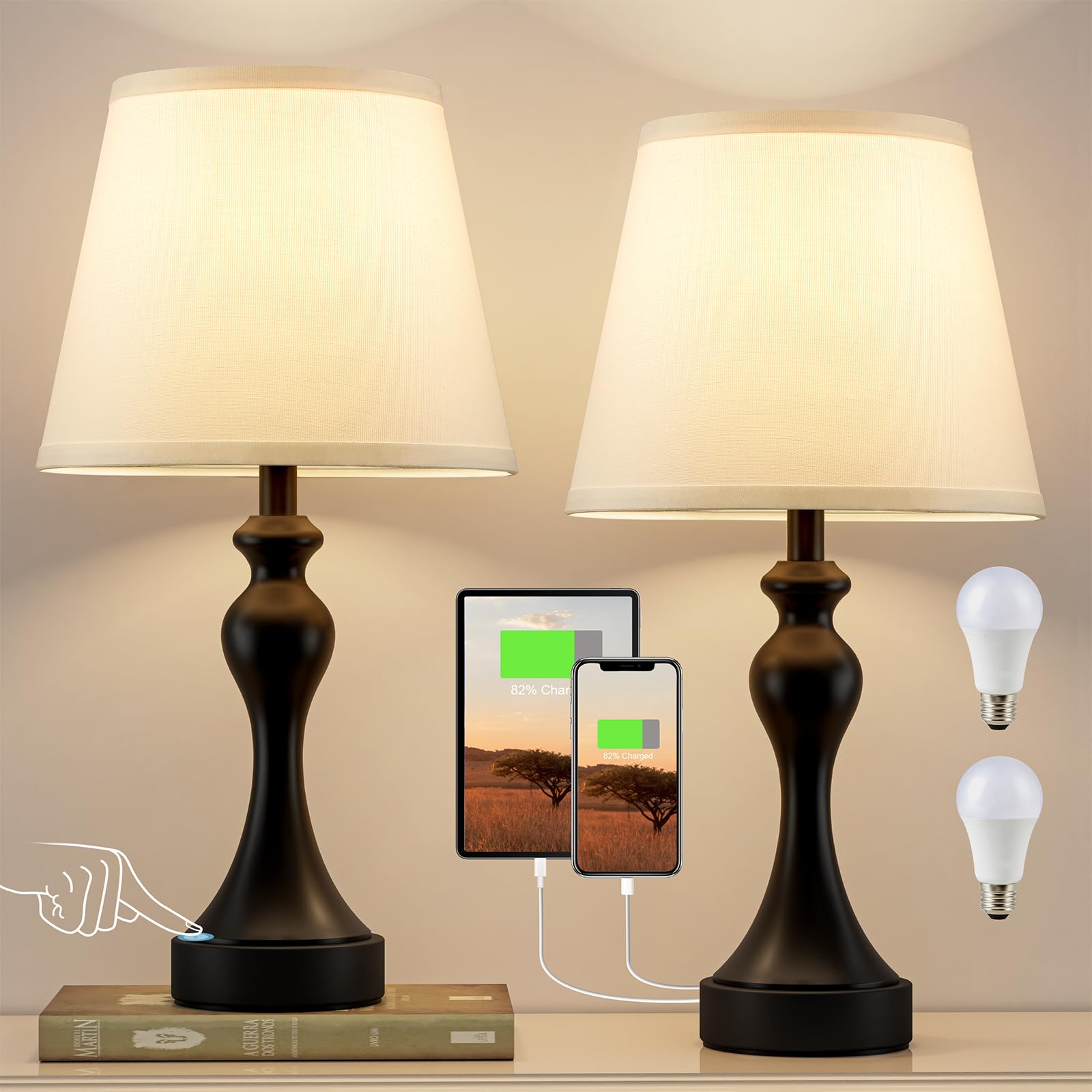 Seealle Touch-Lampen für Nachttisch - Nachttischlampen 2er Set, 3-Wege-Dimmbar, USB C + A für Schlafzimmer & Beistelltische (Weiß & Schwarz)