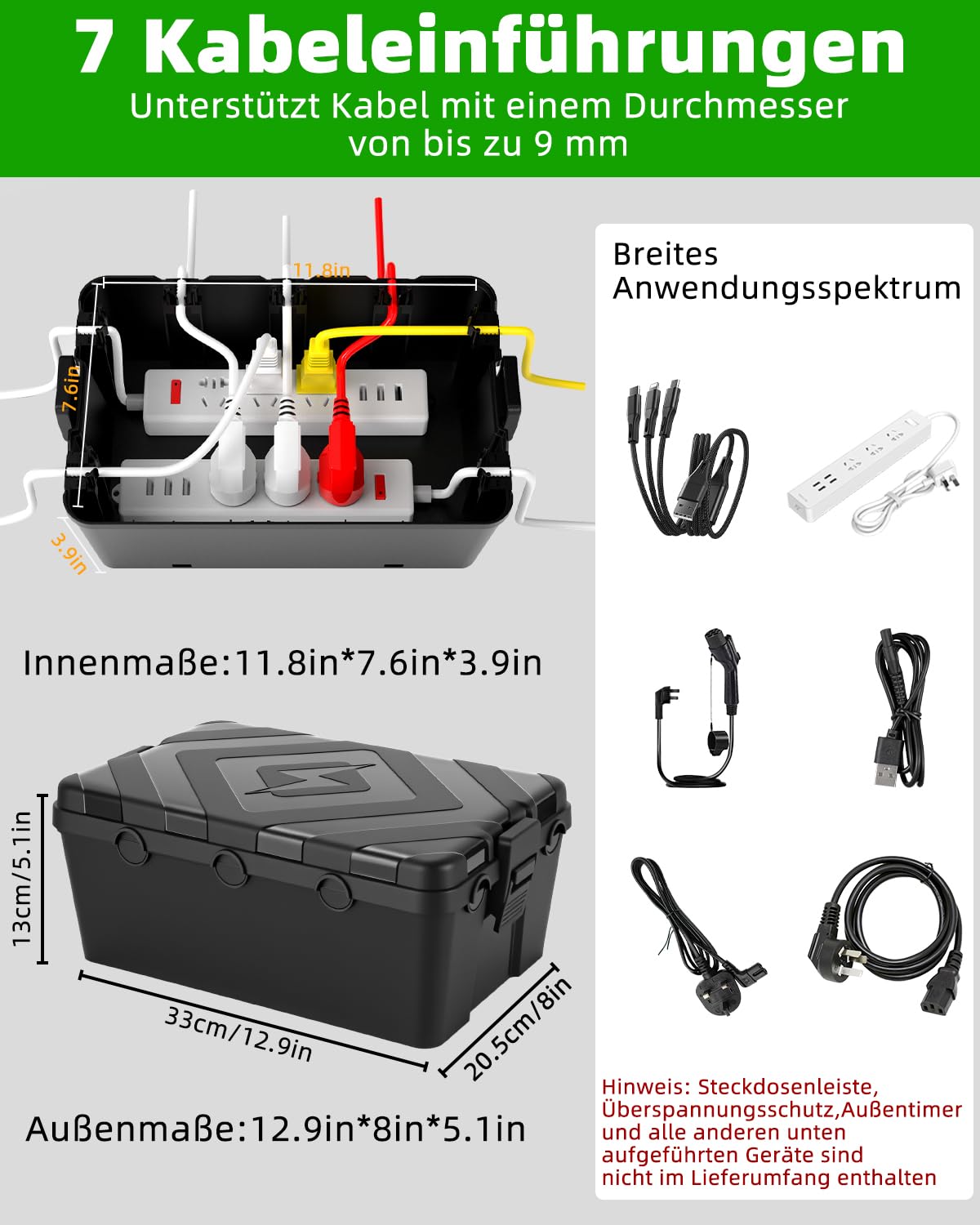 IP54 Caja de cables impermeable grande 32 x 22 x 13 cm, resistente al agua, 7 entradas de cable, caja eléctrica para proteger enchufe, cable de extensión, enchufe de jardín, luz de vacaciones