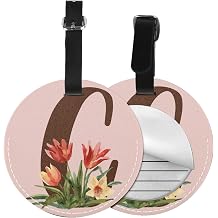 Set of 2 Pink Background Initial Luggage Tag for Suitcases, Floral Letter Cruise Name Bag Tags, Cute Round Baggage Tags with Privacy Cover, Leather ID Label for Women Girls, Letter C