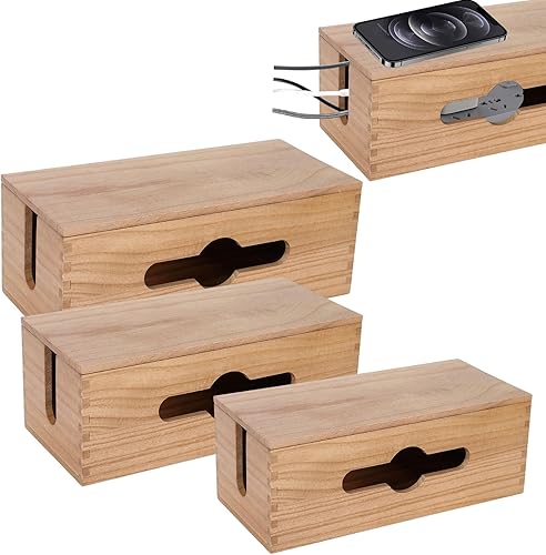 Juego de 3 cajas de madera para organizar cables, caja de almacenamiento para ocultar cables y cables para organización de escritorio, caja