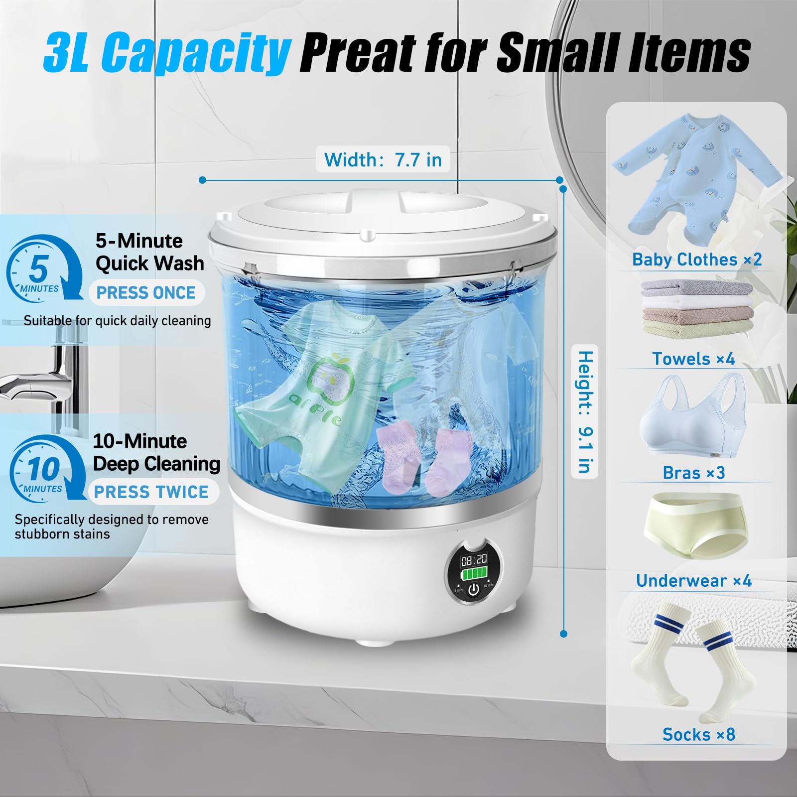 Portable Mini Washing Machine,Upgrade Blue Light,3L Capacity Underwear Washing Machine,Deeply Clean Underwear,Baby Clothing & Small Items of Clothing,Mini Washer Suitable for Family,Hotel,Camping — view 3