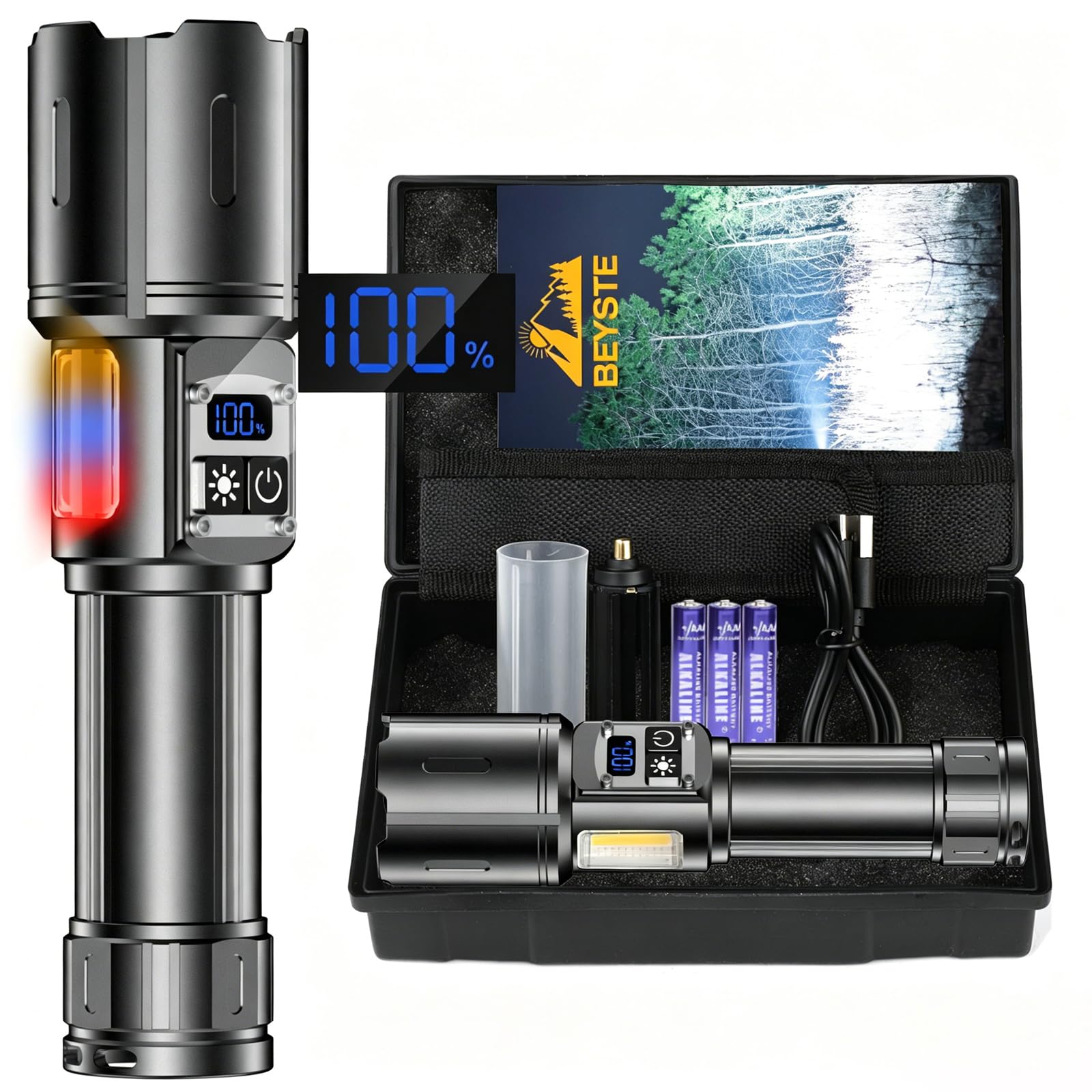 BEYSTE Taschenlampe LED Aufladbar mit COB Seitenlicht, LED Taschenlampe Extrem Hell 500000 Lumen, Starke Taktische Taschenlampen 9 Modi, 2 Schalter, LCD Anzeige, Stufenloses Dimmen FüR Camping Outdoor