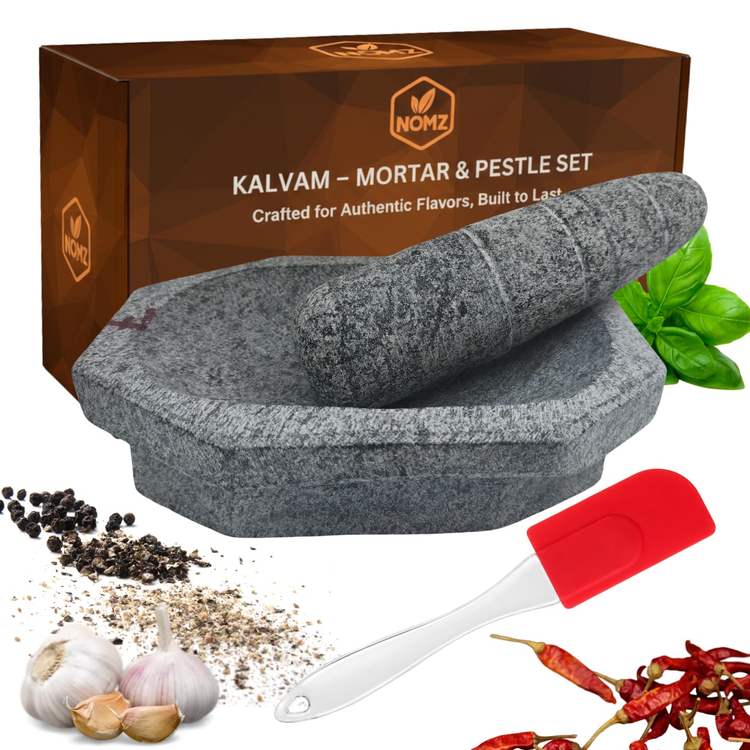 NOMZ Stone Mortar and Pestle Set (Kalvam) 7 Inch, 2.5 Kg, 3/4 Cup | Handmade Silbatta for Chutney and Masala | Heavy Duty Khalbatta with Anti-Skid Base