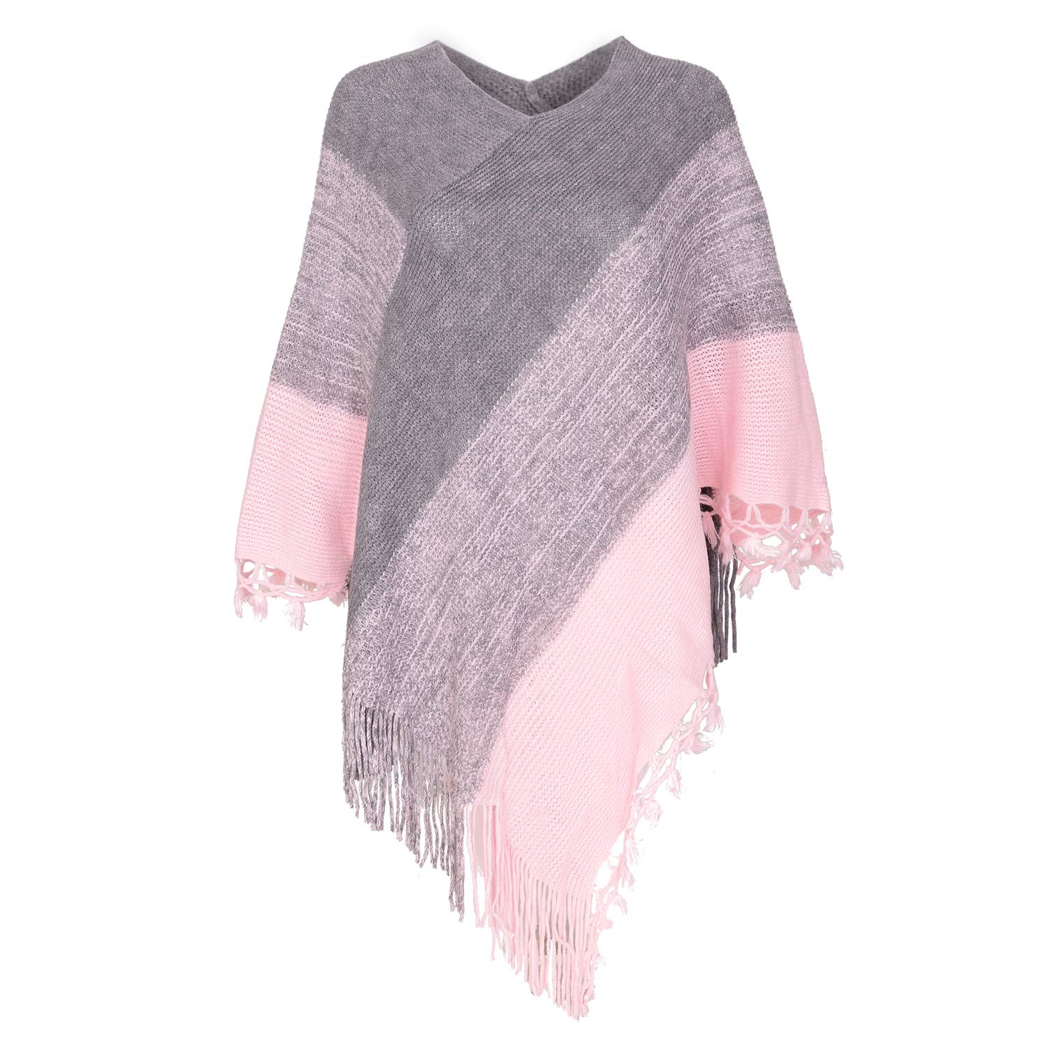 Fomolom Women Striped Poncho with Tassels Knitted Shawl Scarf Fringed Wrap Sweater Pullover Cape Gifts for Women