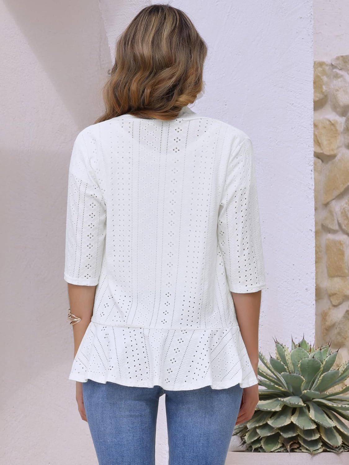 Allegra K Women's Open Front Cardigan 3/4 Sleeve Draped Ruffles Eyelet Summer Cardigans - Image 4