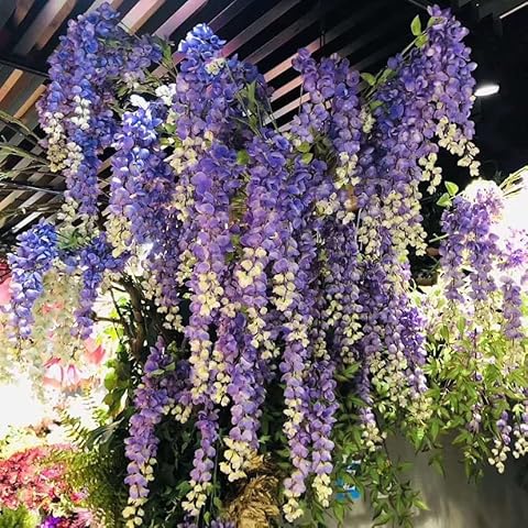 Pack of 4 - Artificial Wisteria Hanging Flowers Branches Fake Floral Vines Silk Wisteria Garland Rich Blossom Flower Bouquet for Home Garden Wedding Bridal Decor Table Centerpiece (Light Purple) Cover