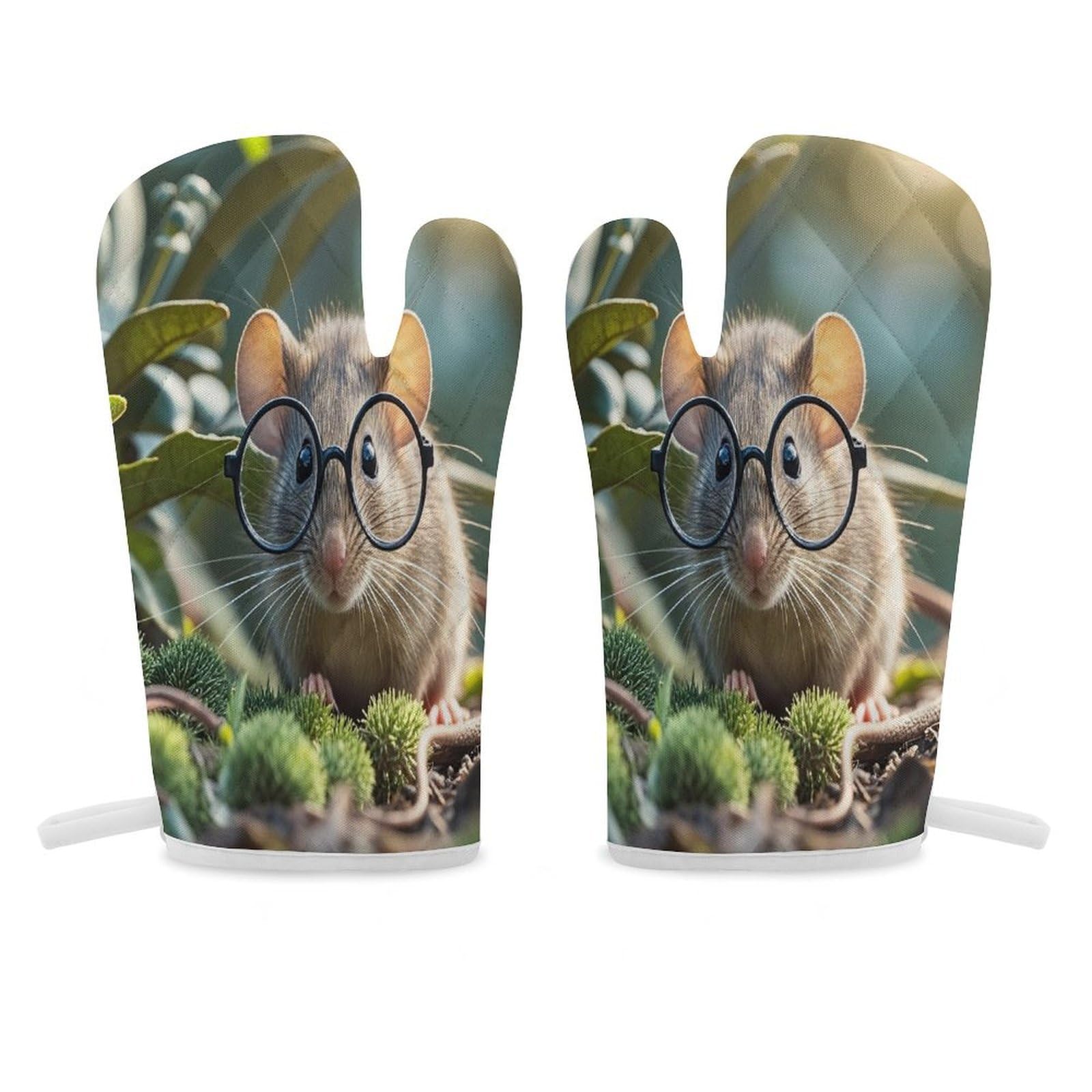 Guinea Mouse with Glasses Oven Mitt Heat Resistant Potholder Set,Durable Oven Gloves for Gifts,Glove Pot Holder for Cooking Baking Grilling BBQ