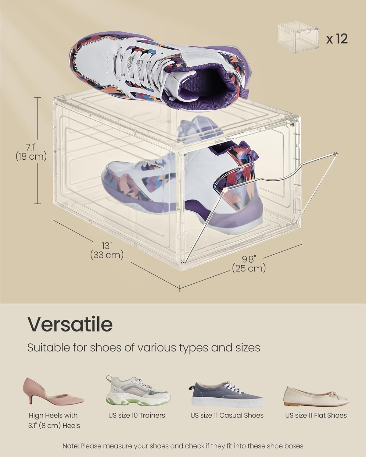 SONGMICS Shoe Boxes, Set of 12, Clear Plastic Shoe Storage, Stackable Sneaker Box, Drop Front Door, Up to US Size 11, Easy Assembly, 13 x 9.8 x 7.1 Inches, Transparent White ULSP032W12