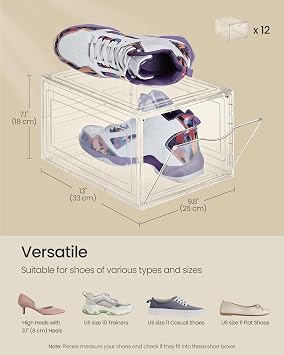 SONGMICS Shoe Boxes, Set of 12, Clear Plastic Sneaker Box, Up to US Size 11 | Stackable Shoe Storage Organizers, Drop Front Door, 13 x 9.8 x 7.1 Inches, Transparent White, DENNYS Collection ULSP032W12