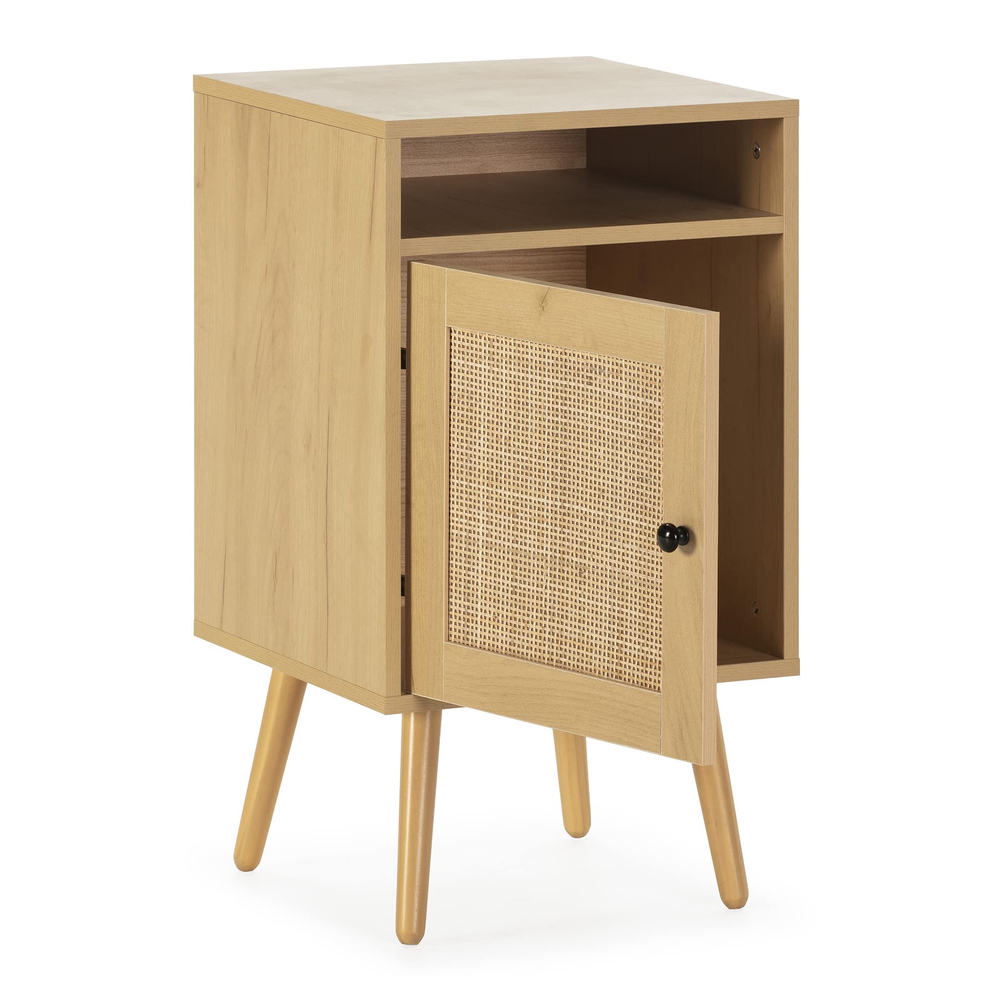 HOMN LIVING Mesita de Noche Bella 1 Puerta Color Roble, ratán Natural, 40 cm (Ancho) 39 cm (Profundo) 70 cm (Altura)