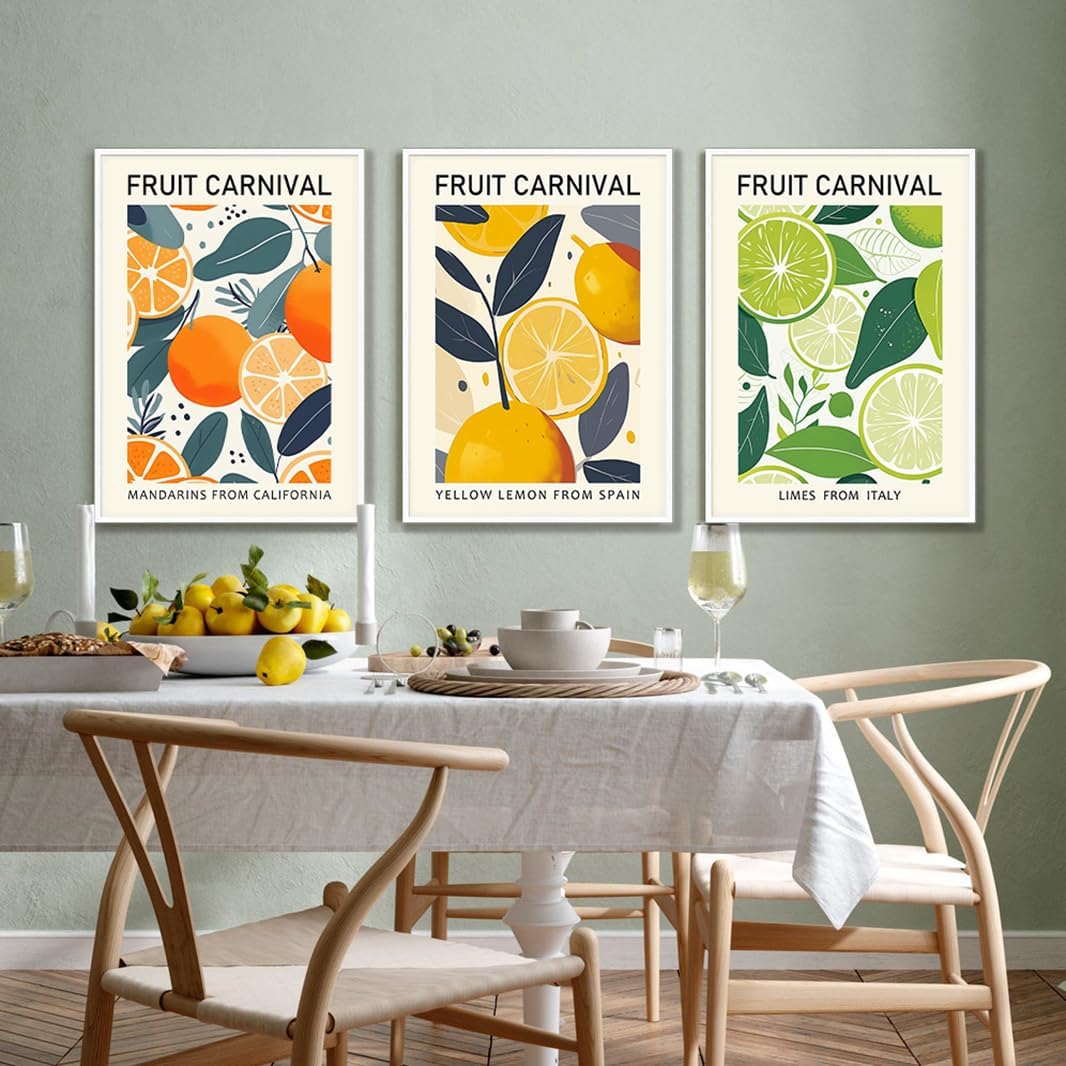 Fruit Market Wall Art Prints Posters Kitchen Canvas Paintings ArtWork for Walls Lemon Orange Green Pictures Fresh Botanical Natural Decor for Dining Room Living Room 12x16 Inch Unframed Set of 3