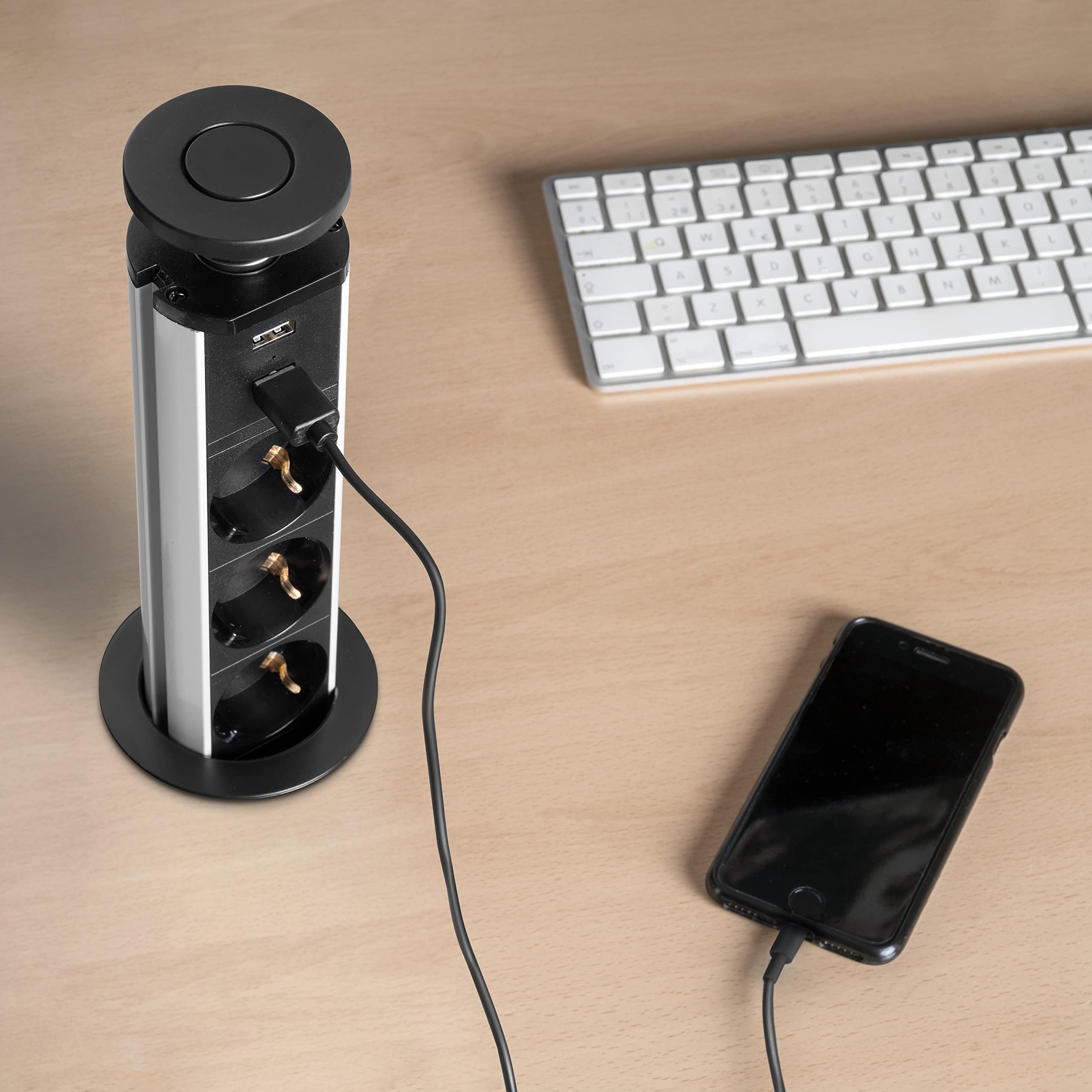 Emuca - Regletas Enchufe encastrable, Regleta multienchufe retráctil, 3 enchufes EU y 2 Puertos USB, Torre de enchufes Vertical empotrable para encimera, Pintado Negro, Plástico y Aluminio