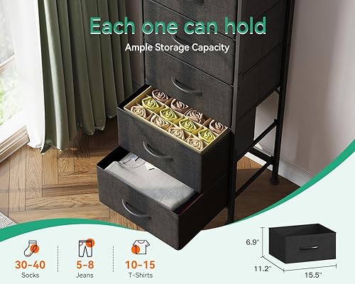 Miniatura 6 de Cómoda para dormitorio con 5 cajones de almacenamiento, cómoda pequeña de 40 pulgadas, cómoda de tela con marco de acero resistente, color negro y