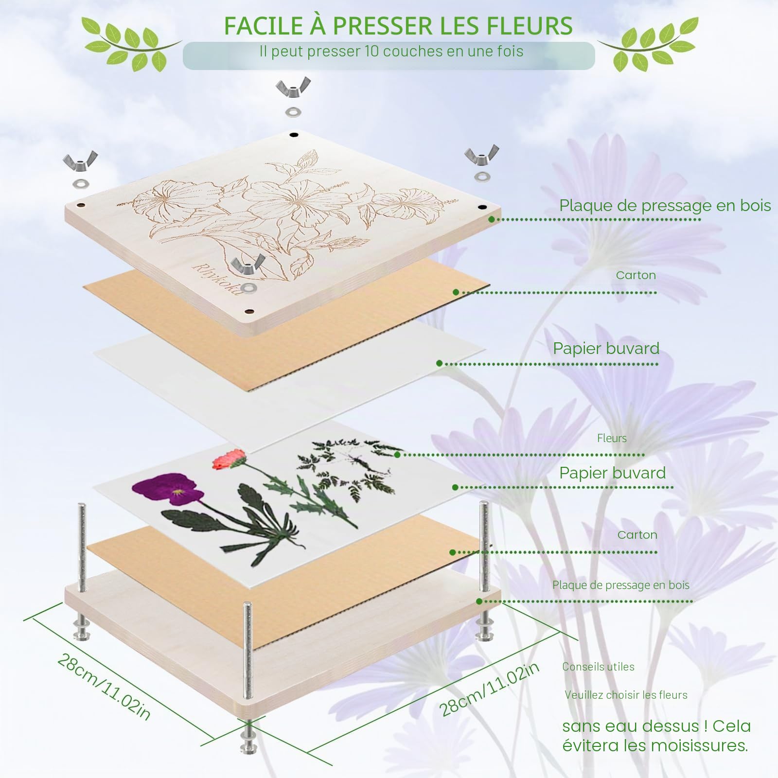 Presse à fleurs extra grande en bois 28x28 cm 10 couches avec sac de rangement