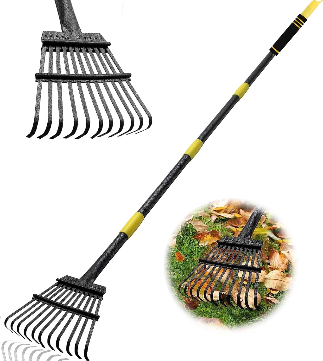 6-stopowe, wytrzymałe grabie ogrodowe – zęby metalowe 25/11, regulowany uchwyt stalowy o szerokości 18,5"/9" do liści/trawników/krzewów/gruzu