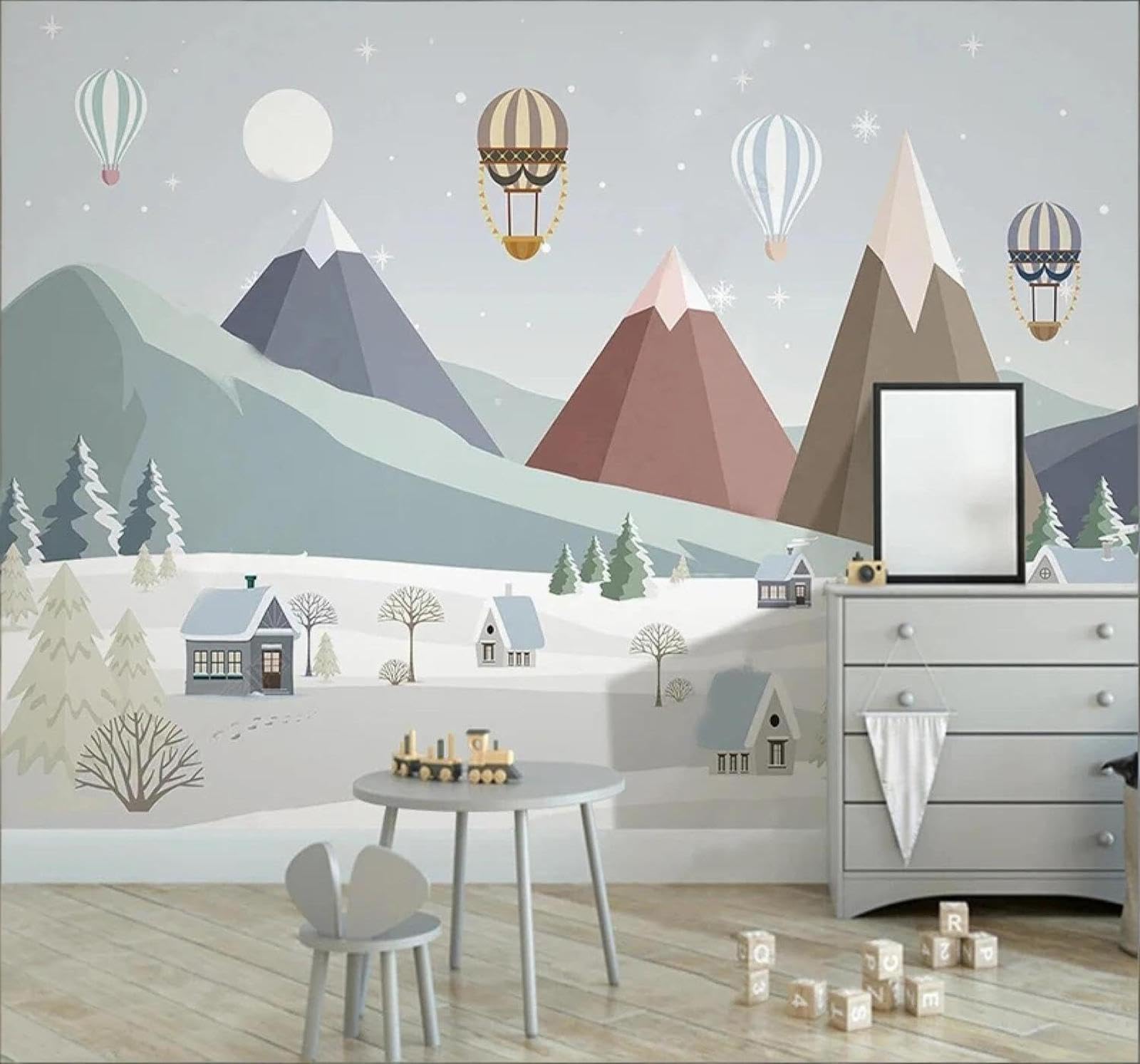 Xlming 430Cm×300Cm(B×H) Cartoon Snowy Mountains Balloons Houses Landscape 3D Wallpaper Luxury Silk Study Dining Feature Sofa Grey Bedroom Living Room Tv Decorative Wall-430Cm×300Cm