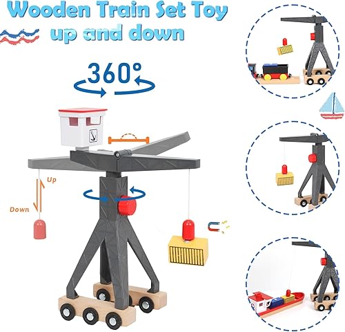 Vista 3 de Wdmiya Juego de tren de madera para niños pequeños, 57 piezas de pista de tren de madera para niños, juguete de tren con puente y pistas
