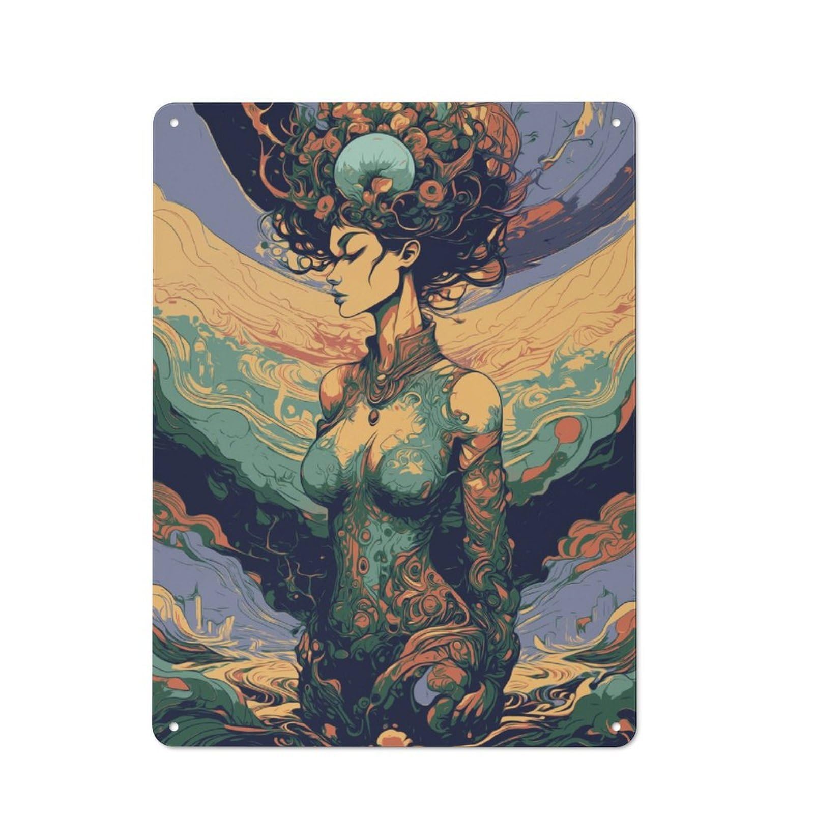 Junmoney Mystical Woman In Swirling Landscape Tin Sign 40X30cm For Café Or Home Bar, Rustic Wall Decor, For Garage, Workshop And Man Cave Decoration