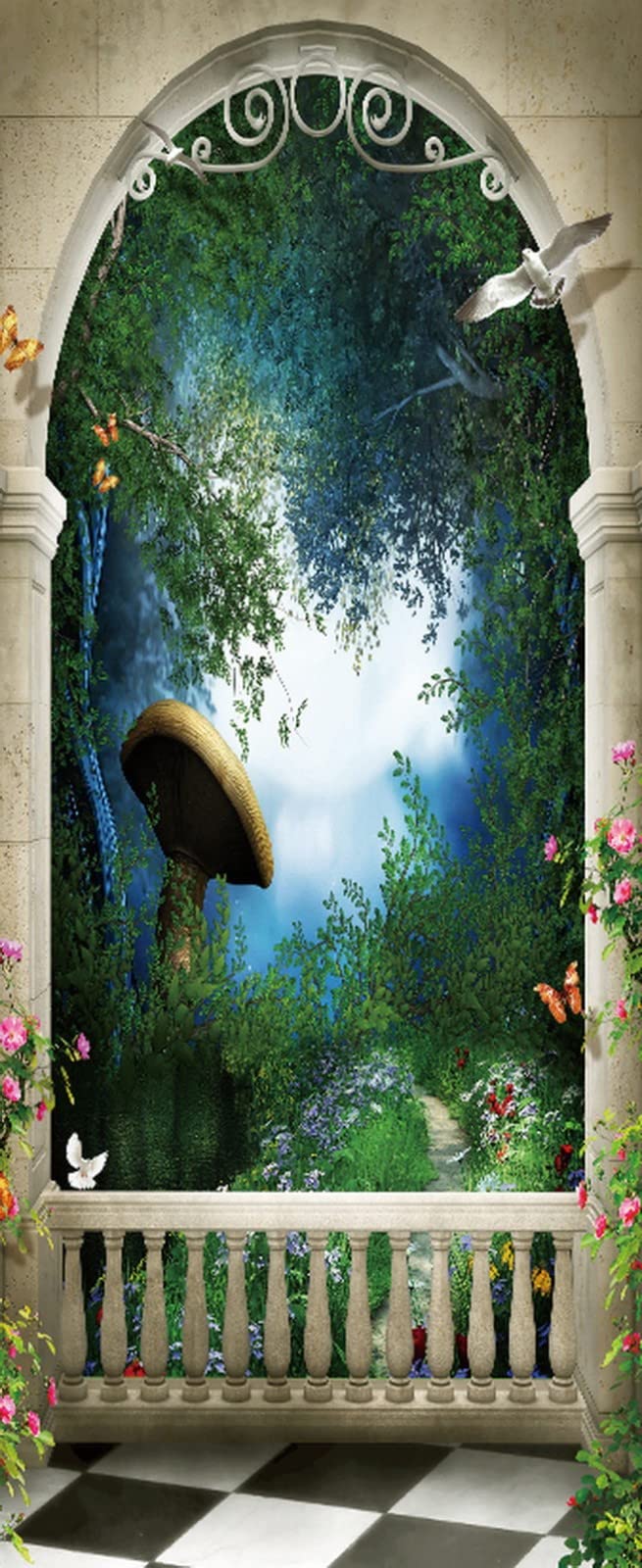 3D Door Stickers for Interior Doors Retro Balcony Patio Arch Around Magic Garden with Trees Mushroom Vinyl Removable Self Adhesive Door Poster Wallpaper Mural Decals for Bedroom Bathroom