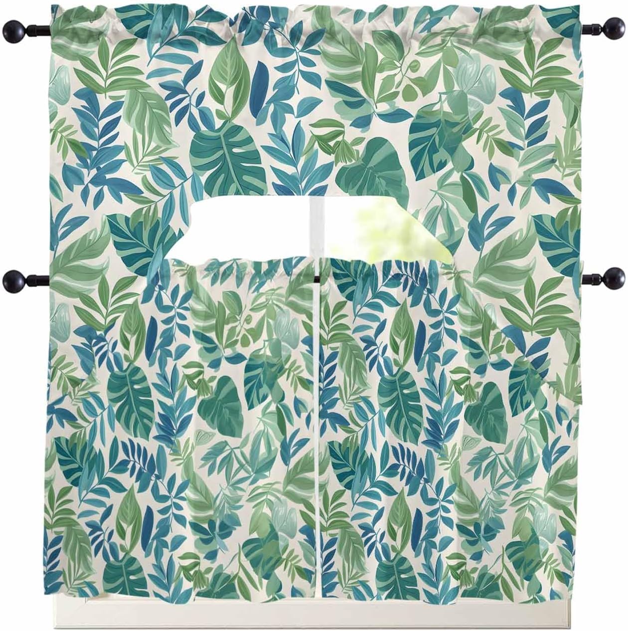 Summer Flamingos 3 Panels Kitchen Curtains Set Tropical Flowers Plants Light Filtering Swag Valance 56" W x 36" L and Tier Curtains Set 27.5" W x 24" L Rod Pocket Panel for Bedroom Bathroom