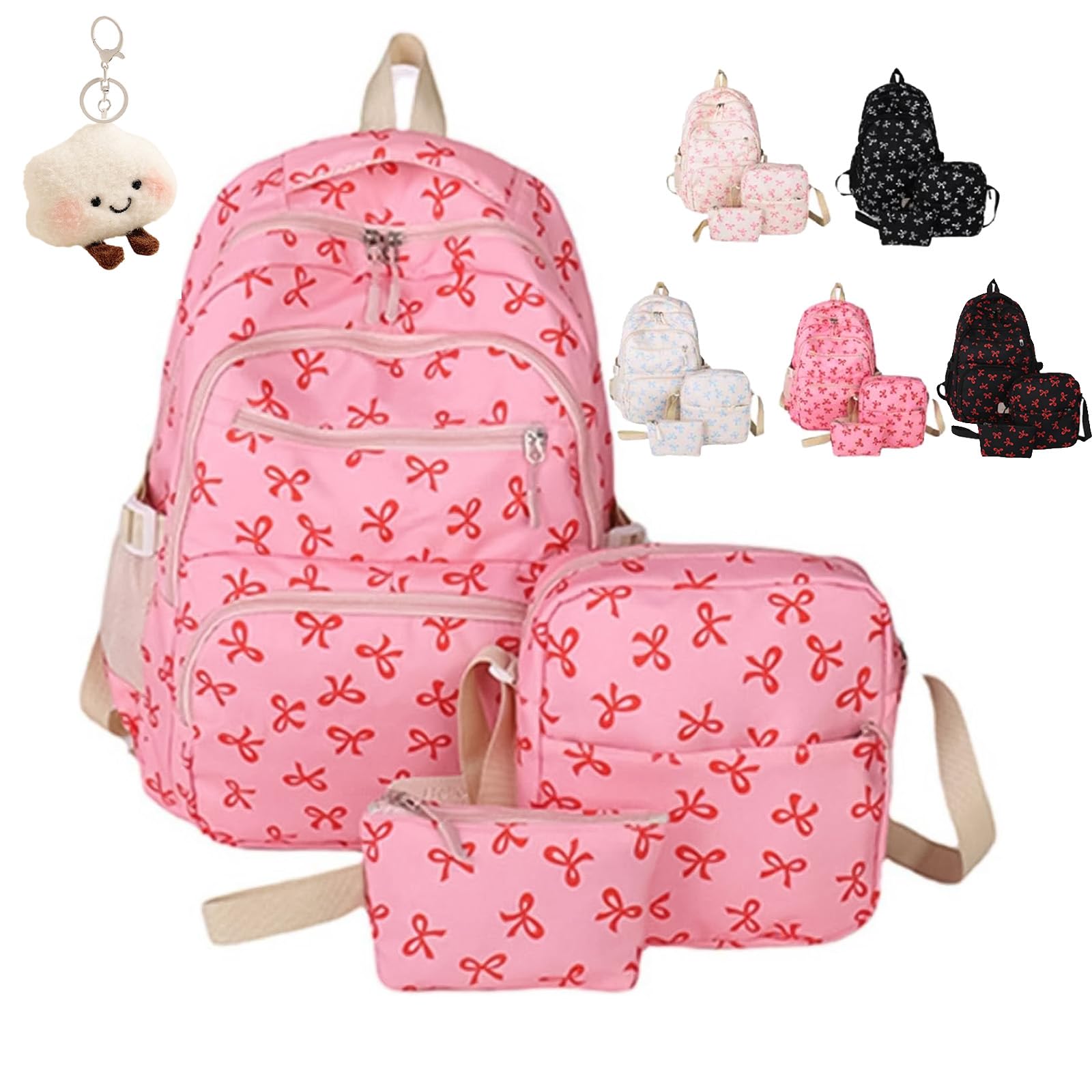 Nnbwlmaee Girls Rose Red Bow Backpack 3Pcs Set For Preppy Daypack & Shoulder Bag Handbags, Kawaii Bow Nylon School Bags Crossbody Bag, For Teen, College, Primary And Secondary (Rose Red)